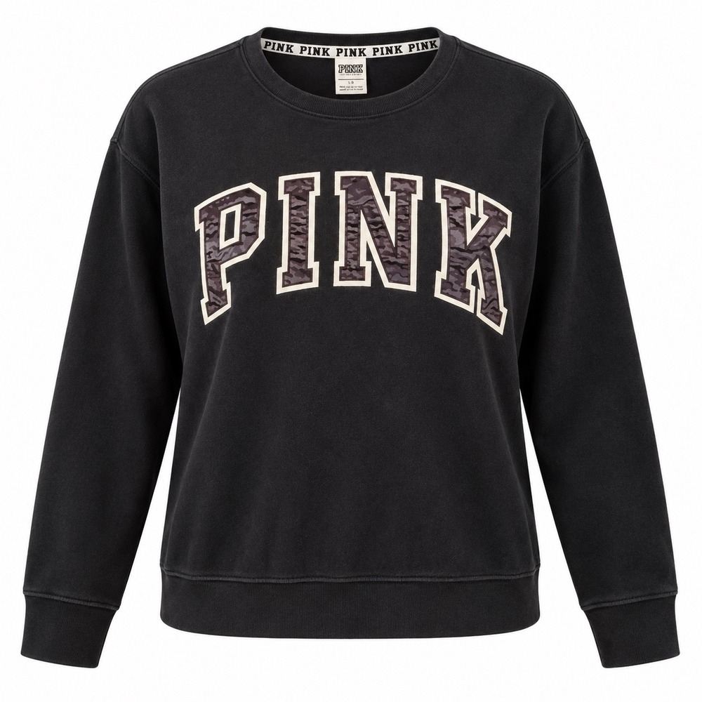 PINK Victoria's Secret Sweatshirt Women XS Black Camo Logo Y2K Streetwear